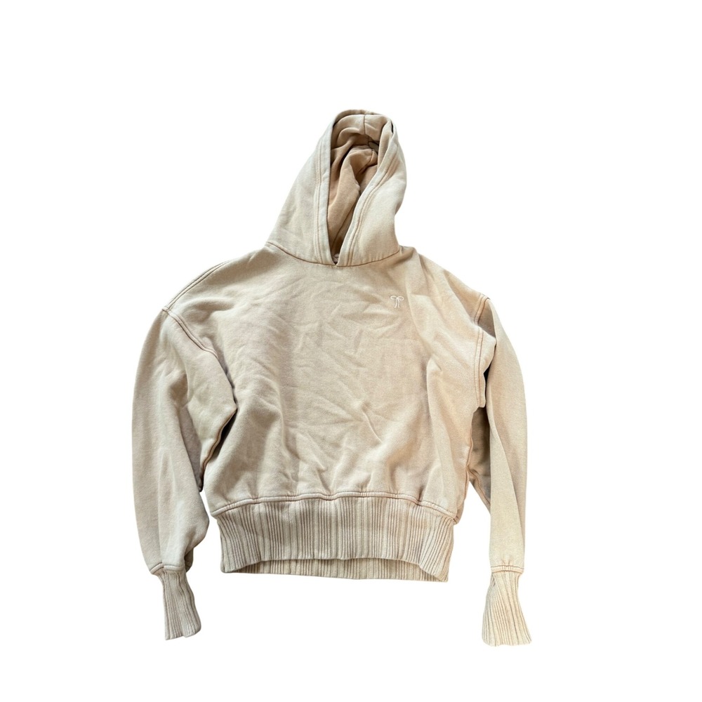 Aerie‎ Womens Tan Embroidered Bow Fleece Pullover Hoodie Sweatshirt Size S
